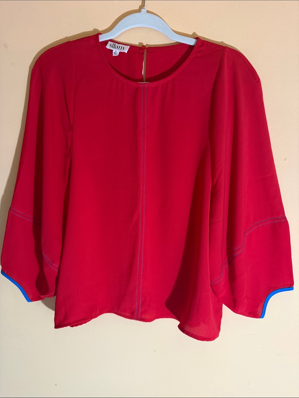 ❤️ Glam Vibrant Cherry Red Blouse with Blue Trim Accent Size S